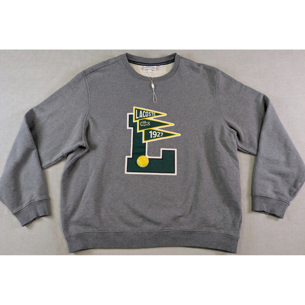Lacoste Sweatshirt Mens 2XL XXL Gray Tennis Fleece Crew Neck Varsity Pennants